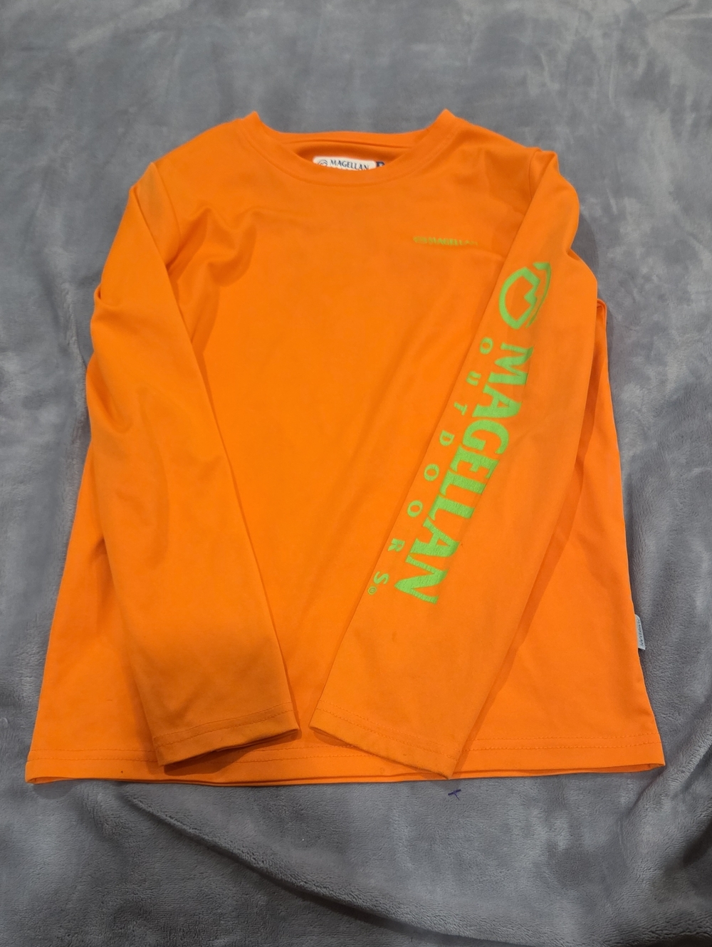 Magellan Outdoors Orange Long Sleeve Logo Tee with Green Sleeve Print